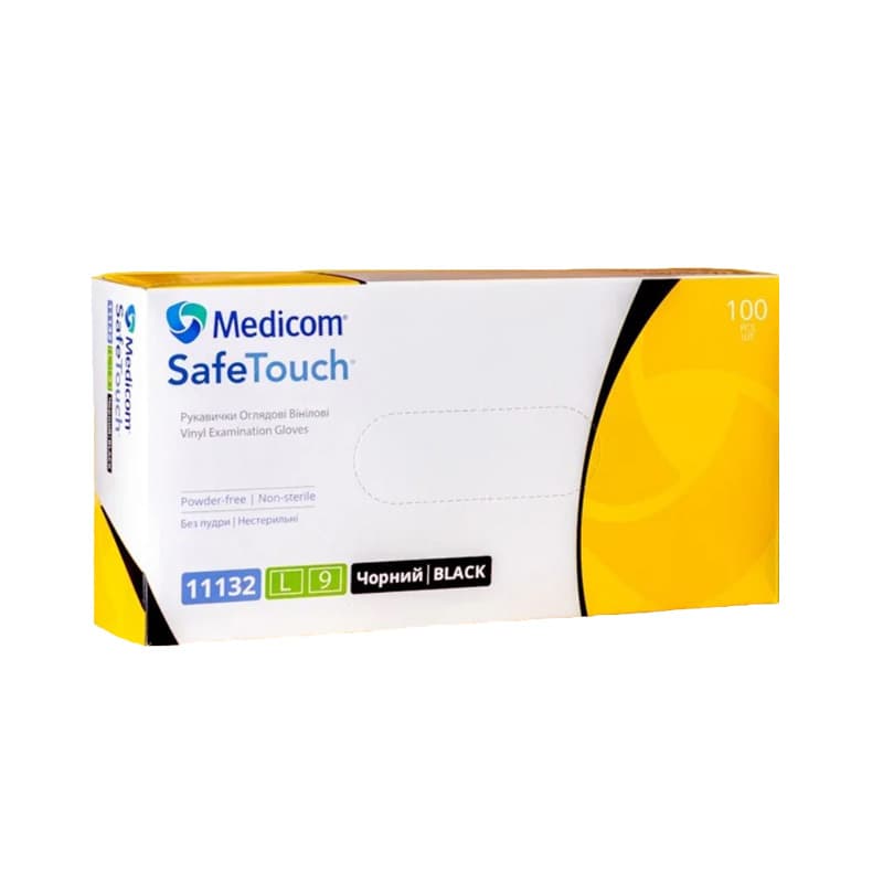 Рукавички вініл Medicom неопудрений чорні, розмір L, 100 шт