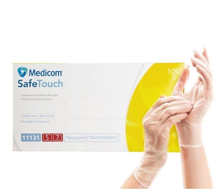 Рукавички вініл Medicom неопудрені прозорі, розмір S, 100 шт.