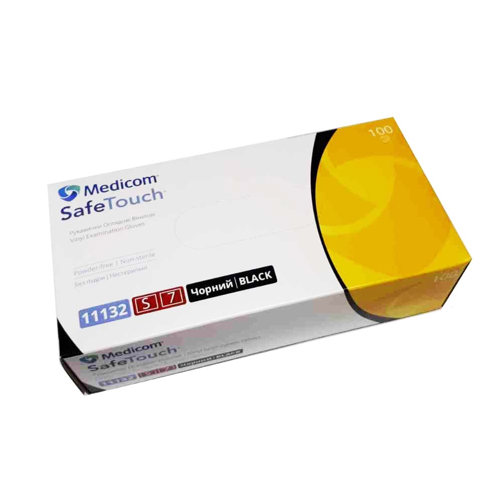 Перчатки винил Medicom неопудренный черные, размер S, 100 шт — фото 1