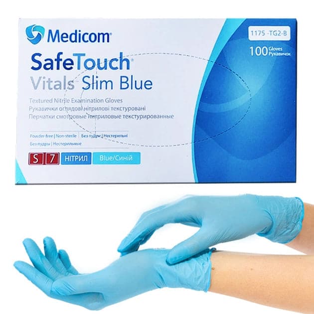 Перчатки нитриловые Medicom Slim Blue Vitals S (голубые) плотность 3,0 г — фото 1