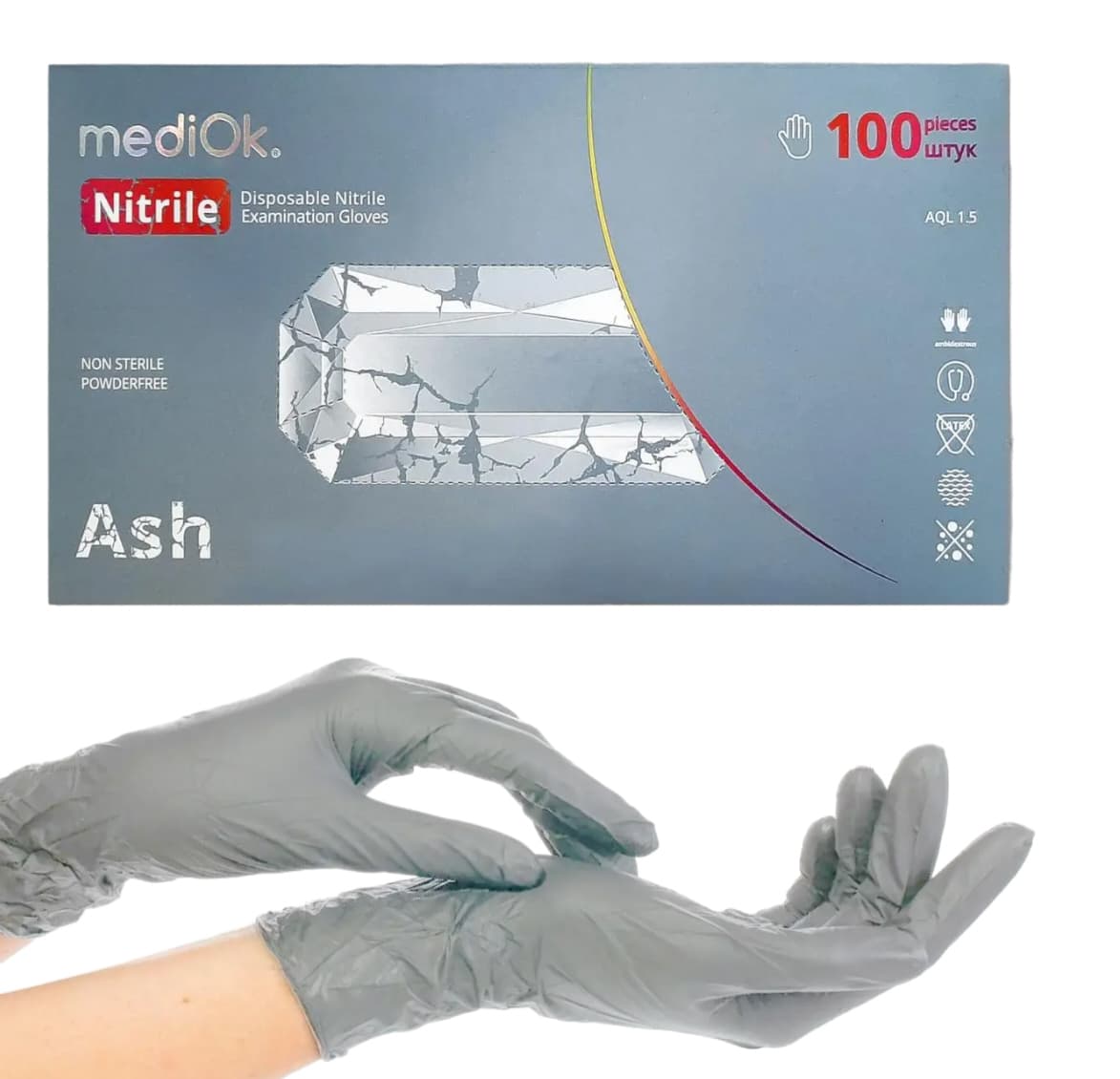 Рукавички нітрилові неопудрені MediOk, сірі, розмір M — фото 1