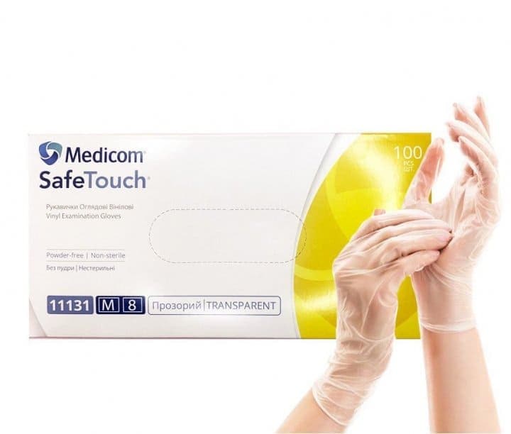 Рукавички вініл Medicom неопудрені прозорі, розмір М, 100 шт. — фото 1