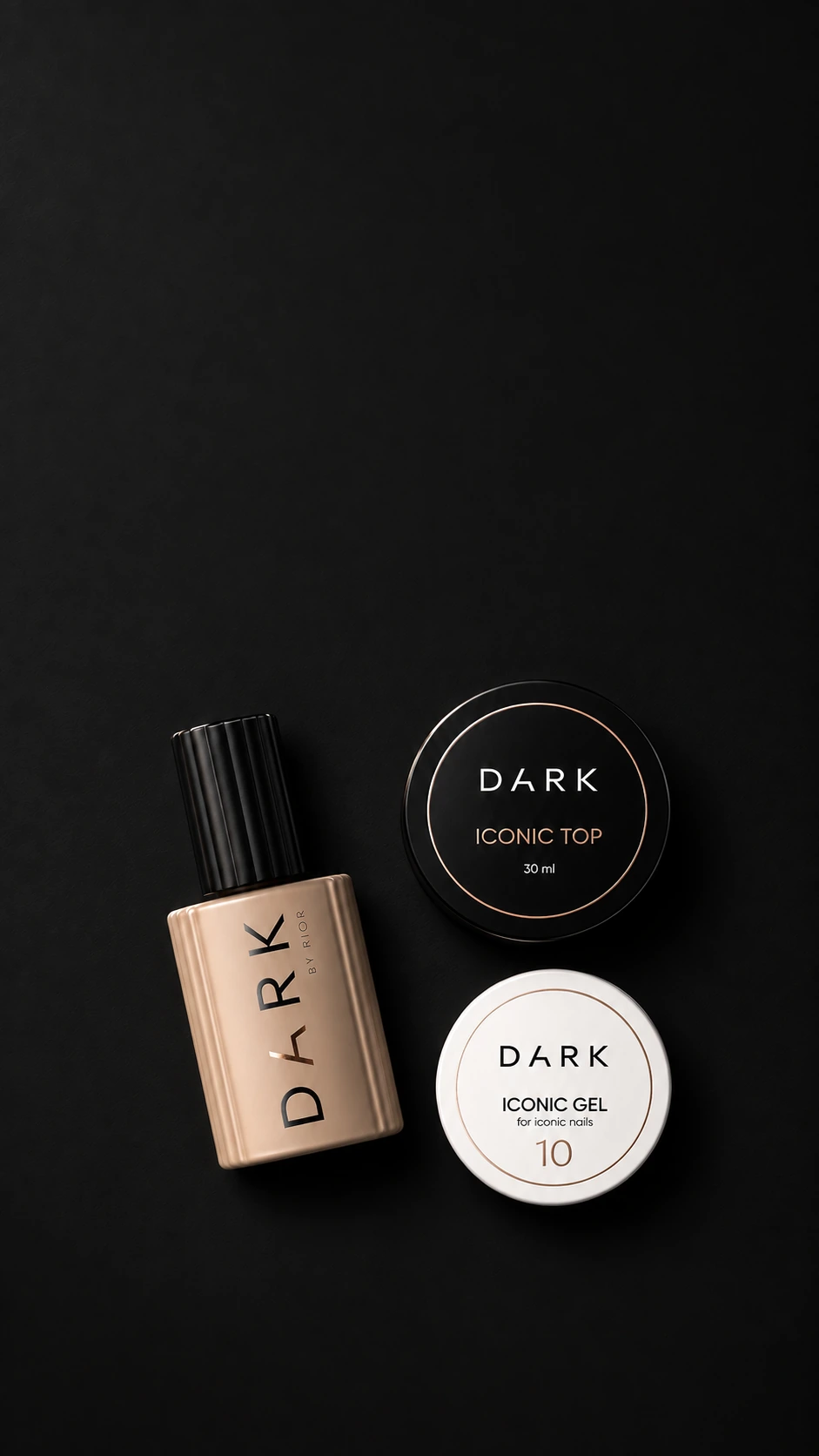 DARK Iconic: флакон базы 15 мл, топ 30 мл и гель на тёмном фоне